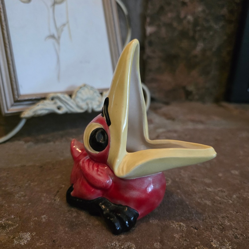 Vintage Ceramic Pelican Figurine Planter Red Wide Mouth Bird Trinket Ring Holder